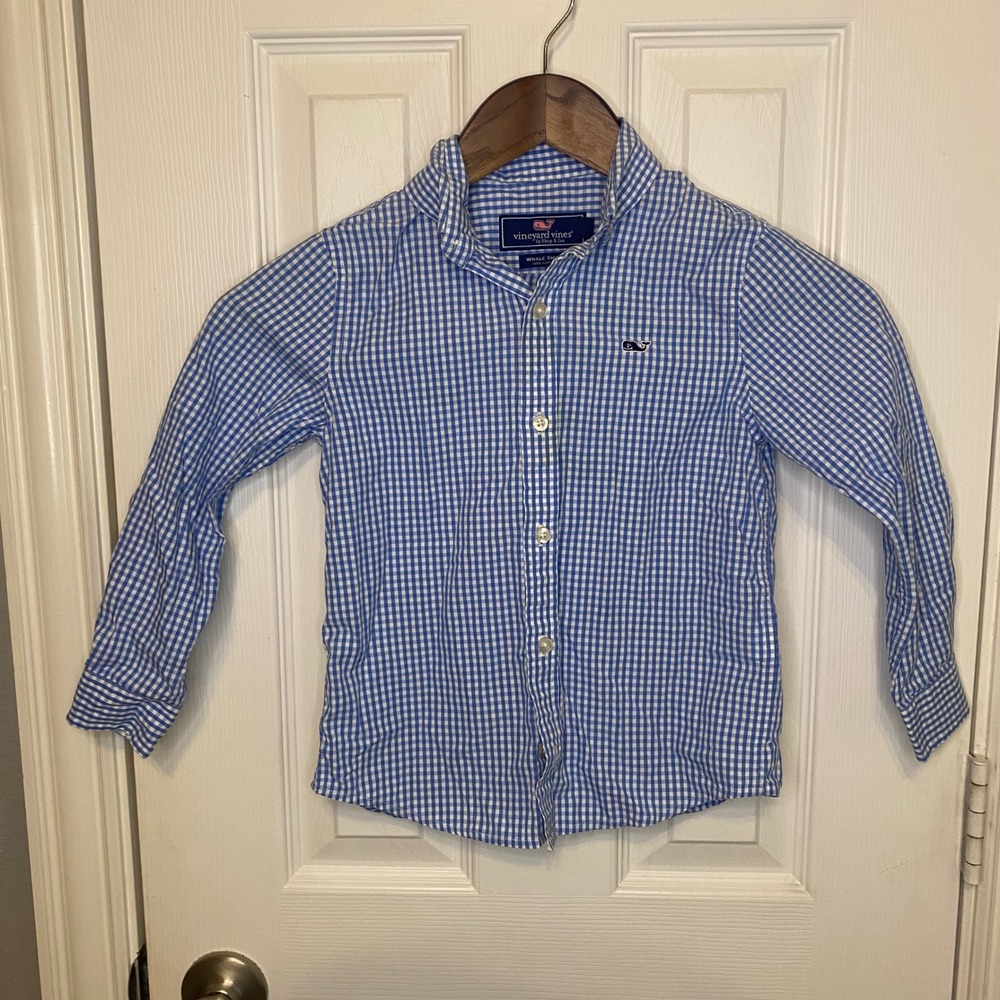 Vineyard Vines Boys Blue White Gingham Whale Shirt Button Down Size 5 LongSleeve